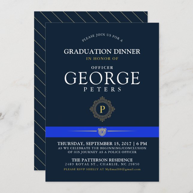 Police Themed Event | Dinner Monogram Navy Invite (Front/Back)