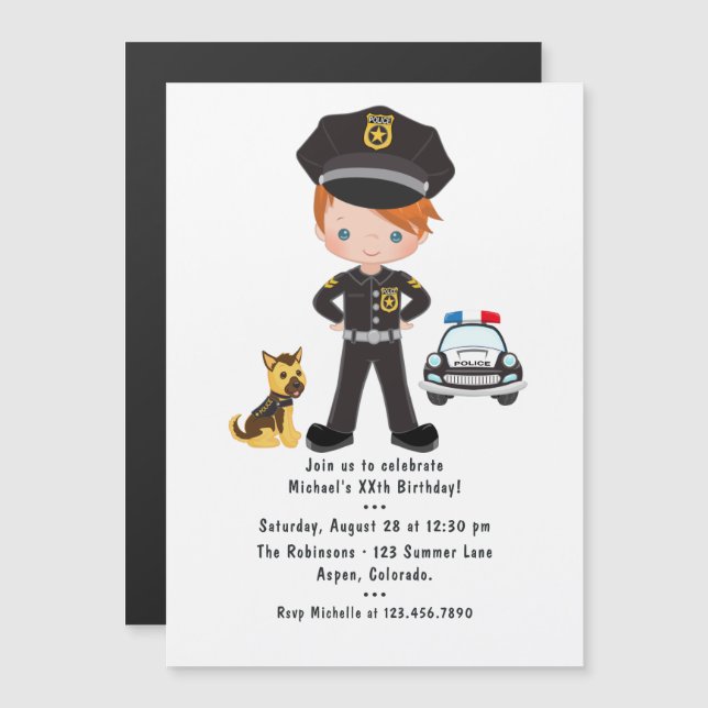 Police themed Ginger Boy Birthday Party Magnetic Invitation (Front/Back)