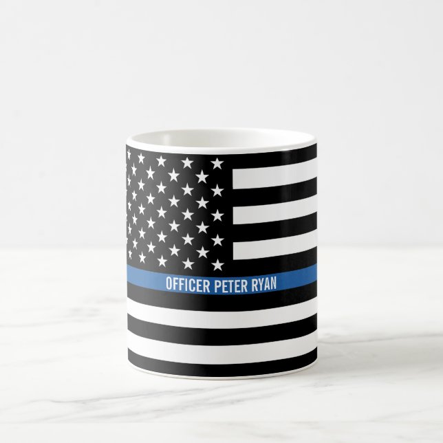 Police Thin Blue Line American Flag Add Name Coffee Mug (Center)