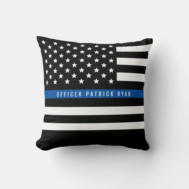 Police Thin Blue Line American Flag Add Name Cushion (Front)