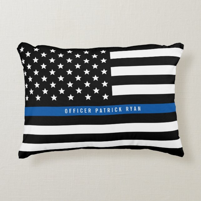 Police Thin Blue Line American Flag Add Name Decorative Cushion (Front)