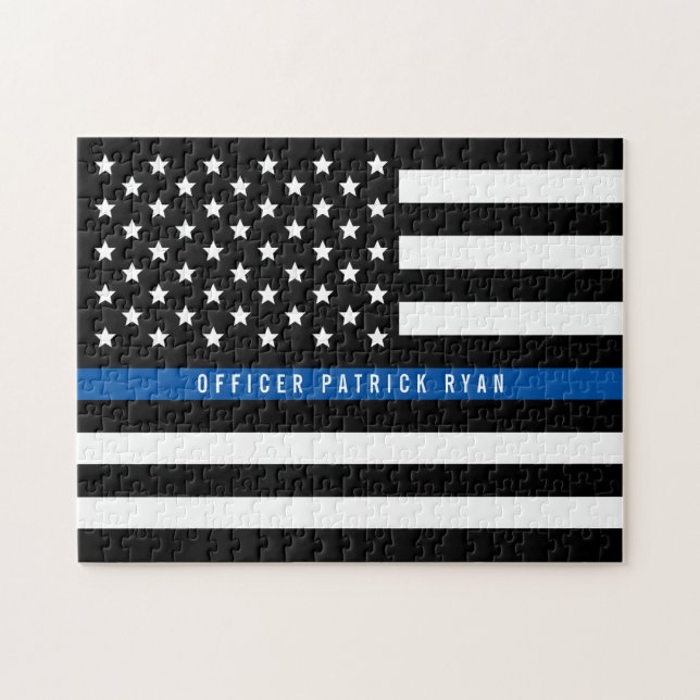 Police Thin Blue Line American Flag Add Name Jigsaw Puzzle (Horizontal)