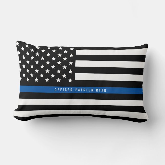 Police Thin Blue Line American Flag Add Name Lumbar Cushion (Front)