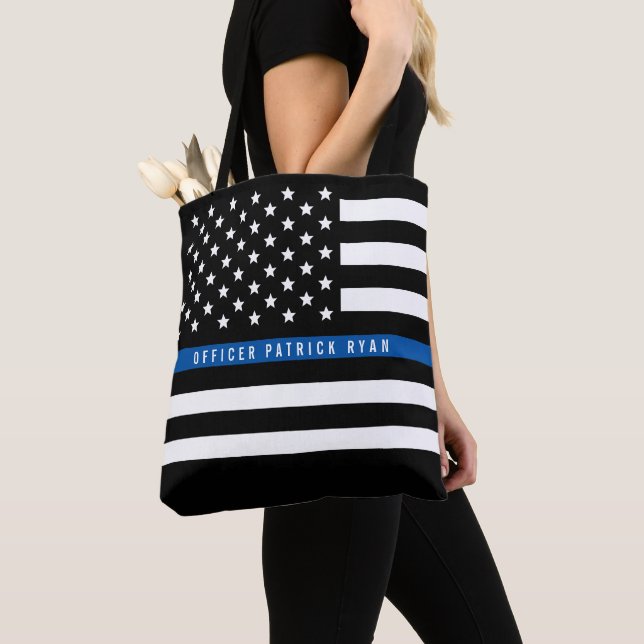 Police Thin Blue Line American Flag Add Name Tote Bag (Close Up)
