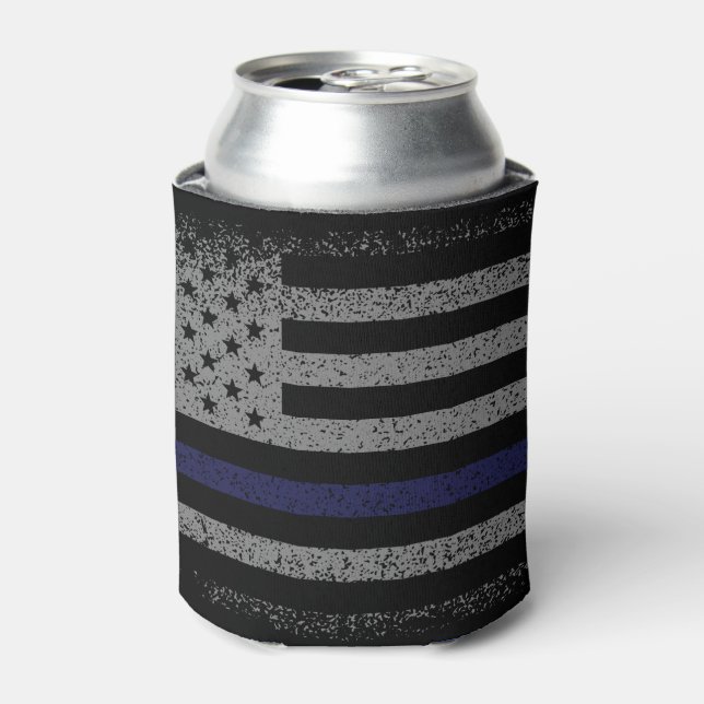 Police Thin Blue Line American Flag Can Cooler (Can Front)
