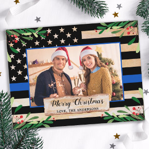 Police Thin Blue Line American Flag Christmas Holiday Postcard