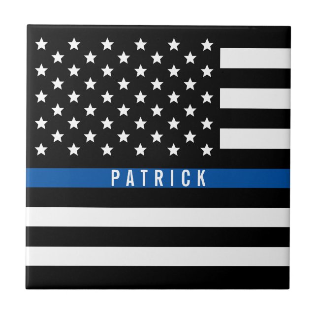 Police Thin blue Line American Flag Monogram Ceramic Tile (Front)