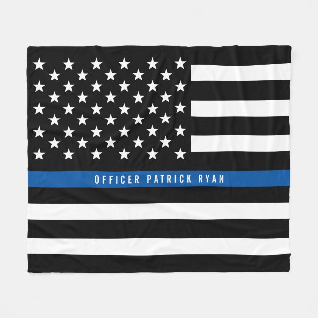 Police Thin Blue Line American Flag Monogram Med. Fleece Blanket (Front (Horizontal))