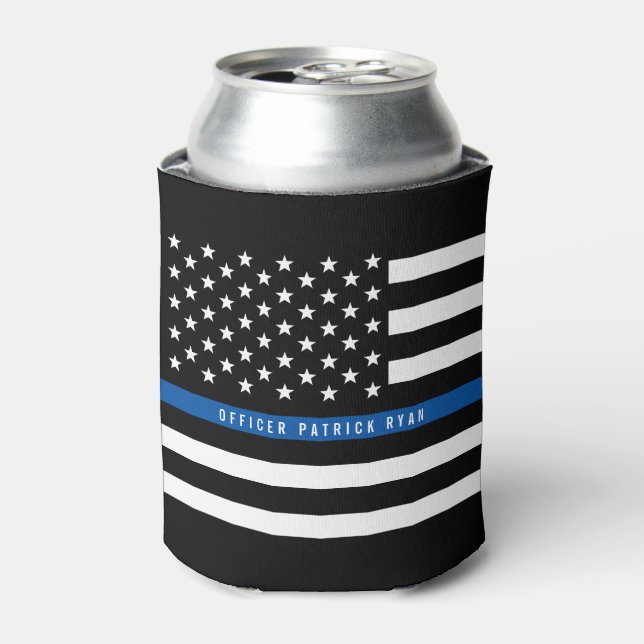 Police Thin Blue Line American Flag Monogram Name Can Cooler (Can Front)