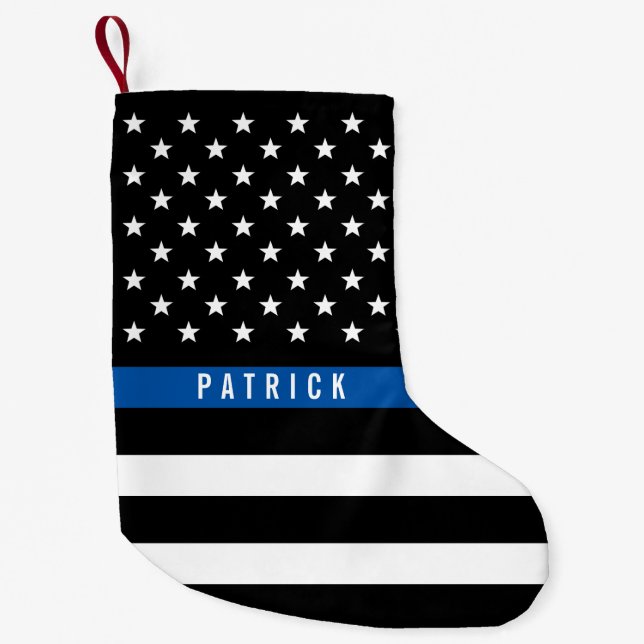 Police Thin Blue Line American Flag Monogram Small Christmas Stocking (Front)
