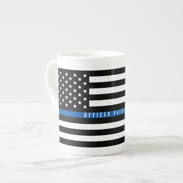 Police Thin Blue Line American Flag Monogrammed Bone China Mug (Front Left)