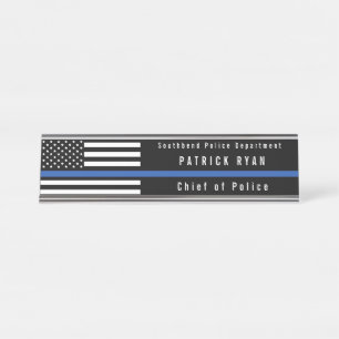 Police Thin Blue Line American Flag Monogrammed Desk Name Plate