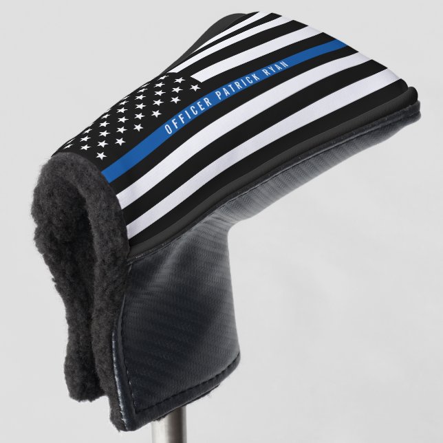 Police Thin Blue Line American Flag Monogrammed Golf Head Cover (3/4 Front)