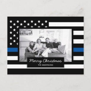 Police Thin Blue Line American Flag Photo Holiday Postcard