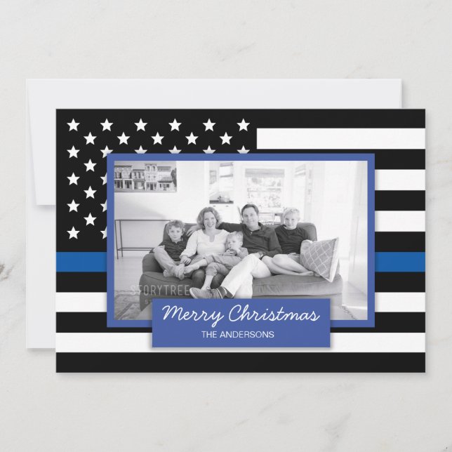 Police Thin Blue Line American Flag Two Photo Card (Front)