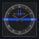 Police Thin Blue Line Custom Monogram Square Wall Clock<br><div class="desc">A thin blue line monogram custom name wall clock.</div>