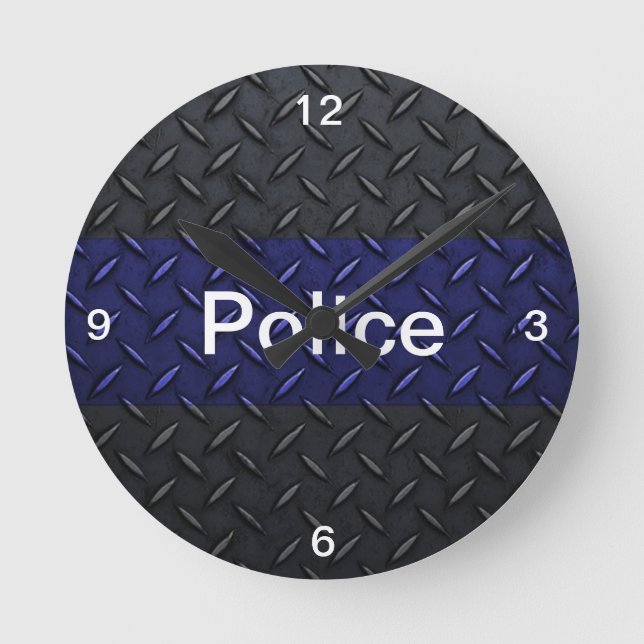 Police Thin Blue Line Diamond Plate Clock (Front)