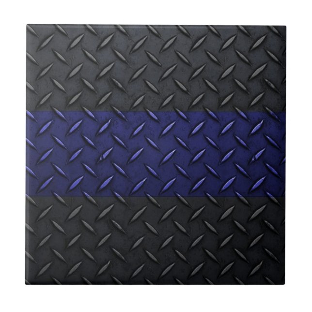 Police Thin Blue Line Diamond Plate Design Ceramic Tile (Front)