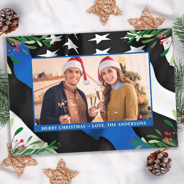 Police Thin Blue Line Flag Custom Photo Christmas Holiday Card (Creator Uploaded)