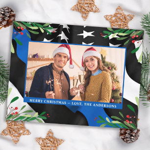 Police Thin Blue Line Flag Custom Photo Christmas Holiday Postcard