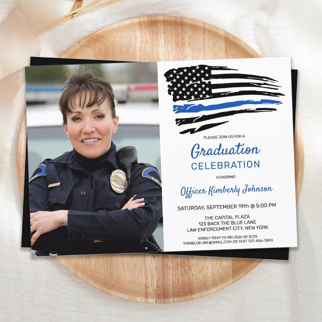Police Thin Blue Line Flag Custom Photo Graduation Invitation (Creator Uploaded)