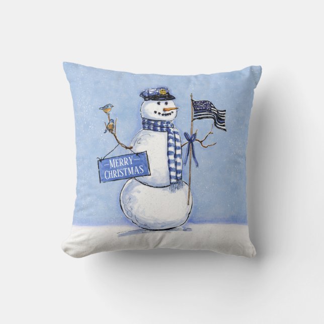 Police Thin Blue Line Flag Merry Christmas Snowman Cushion (Front)