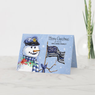 Police Thin Blue Line Flag Merry Christmas Snowman Holiday Card
