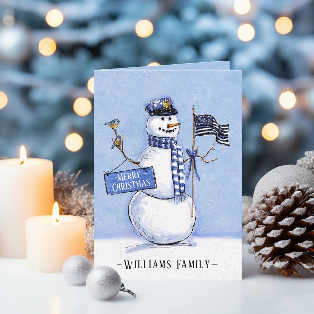 Police Thin Blue Line Flag Merry Christmas Snowman Holiday Card (Thin Blue Line Flag Snowman Police Officer Custom Family Name Merry Christmas Card.)