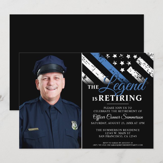 Police Thin Blue Line Flag Retirement Photo Invitation (Front/Back)