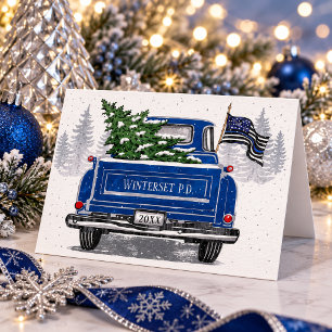 Police Thin Blue Line Flag Vintage Truck Christmas Holiday Card