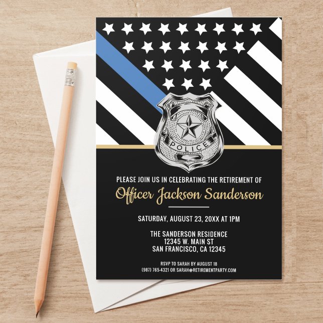 Police Thin Blue Line Law Enforcement Retirement Invitation (Perfect invitations to invite guests to honor the retiring police and law enforcement officer.)