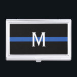 Police Thin Blue Line Monogram Business Card Holder<br><div class="desc">This business card case features a police thin blue line design with a horizontal blue stripe on a black background and a monogram initial in white for you to personalise.  Gift idea for police officers.</div>