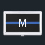 Police Thin Blue Line Monogram Business Card Holder<br><div class="desc">This business card case features a police thin blue line design with a horizontal blue stripe on a black background and a monogram initial in white for you to personalise.  Gift idea for police officers.</div>