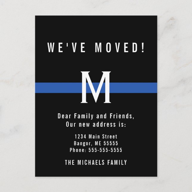 Police Thin Blue Line Monogram Initial Moving Announcement Postcard (Front)