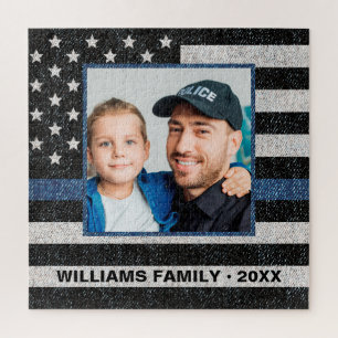 Police Thin Blue Line Photo American Flag Monogram Jigsaw Puzzle