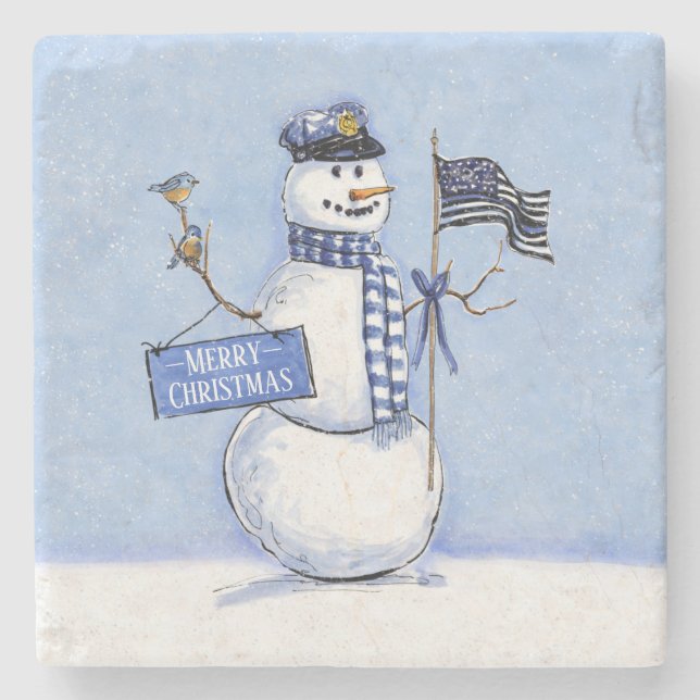 Police Thin Blue Line Snowman Christmas Stone Coaster (Front)