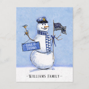 Police Thin Blue Line Snowman Holiday Thank You Postcard