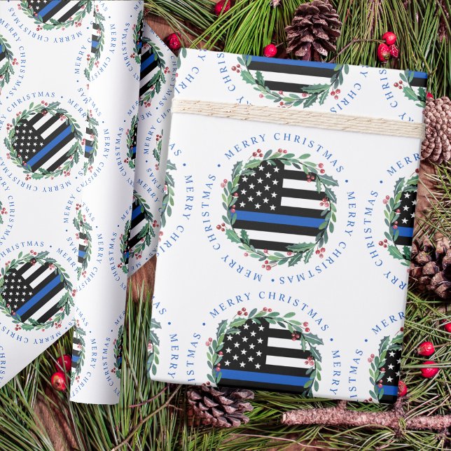 Police Thin Blue Line Wreath Merry Christmas Wrapping Paper (Creator Uploaded)