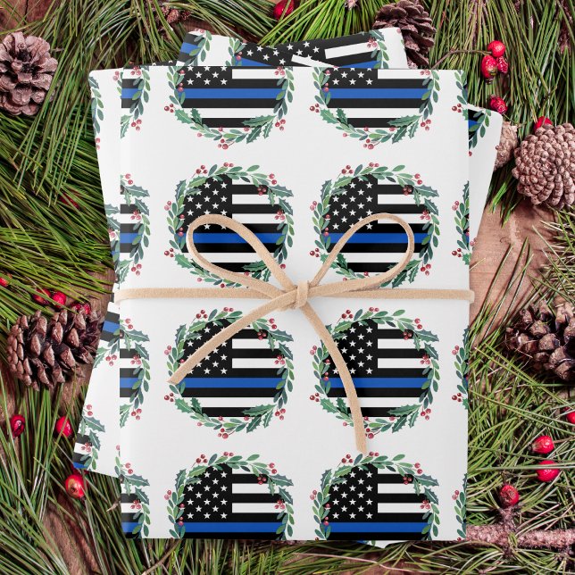 Police Thin Blue Line Wreath Merry Christmas Wrapping Paper Sheet (Creator Uploaded)