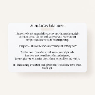 Police Traffic Stop Know Your Rights Card ID Badge