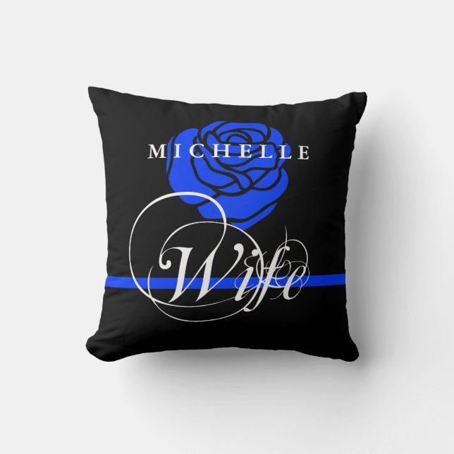 Police Wife Thin Blue line Rose Custom Name Cushion (Front)