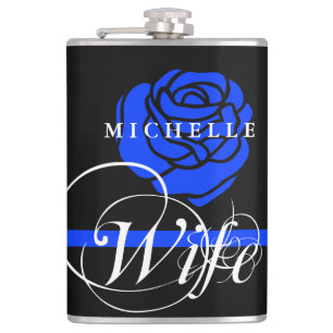 Police Wife Thin Blue Line Rose Custom Name Hip Flask