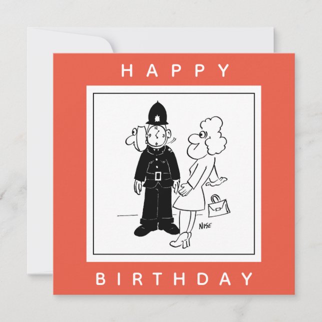 Policeman has Clock Face Cartoon. Card (Front)