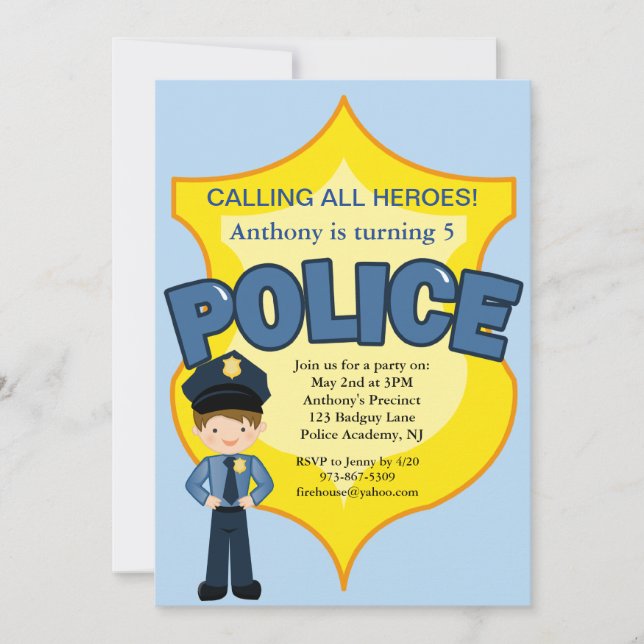 Policeman Rescue Heroes Birthday Invitation (Front)