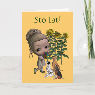 Polish Birthday Card Sto Lat Girl And Puppies