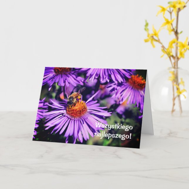 Polish Birthday Sto Lat Bee Aster Flower  Card (Yellow Flower)