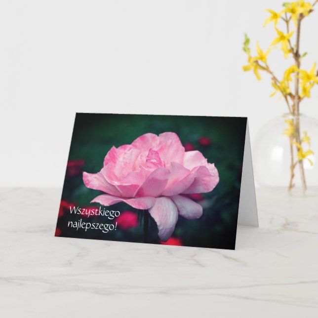 Polish Birthday Sto Lat Pink Rose Floral  Card (Yellow Flower)