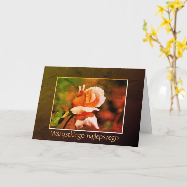 Polish Birthday Sto Lat Rosebud Floral Art Card (Yellow Flower)