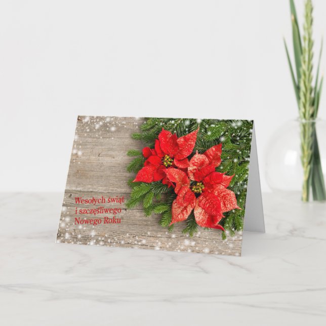 Polish Chrismas - Christmas tree with Poinsettias Holiday Card (Front)