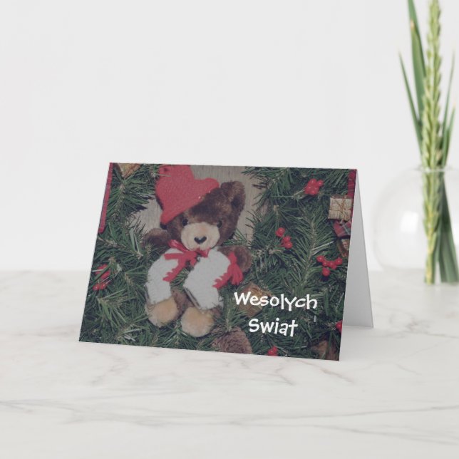 Polish Christmas Cute Bear On Wreath Holiday Card (Front)
